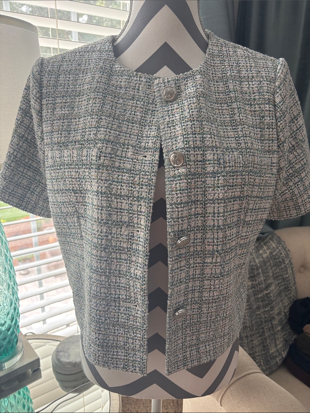 Ann Taylor Factory Green and Gray Tweed Short-Sleeve Jacket